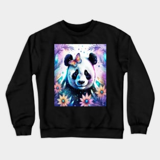 Fantasy, Watercolor, Panda Bear With Flowers and Butterflies Crewneck Sweatshirt